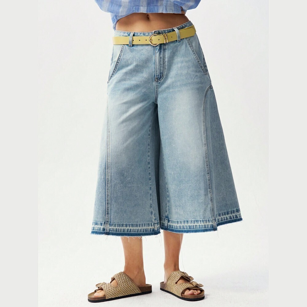 Light Wash Denim Frayed Hem Wide Leg Oversized Capri Shorts